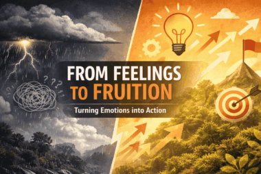 Hyper-realistic split landscape showing emotional overwhelm on the left with storm clouds and rain, and focused clarity on the right with sunlight, upward arrows, and a clear path, representing the transition from feelings to fruition through intentional action.