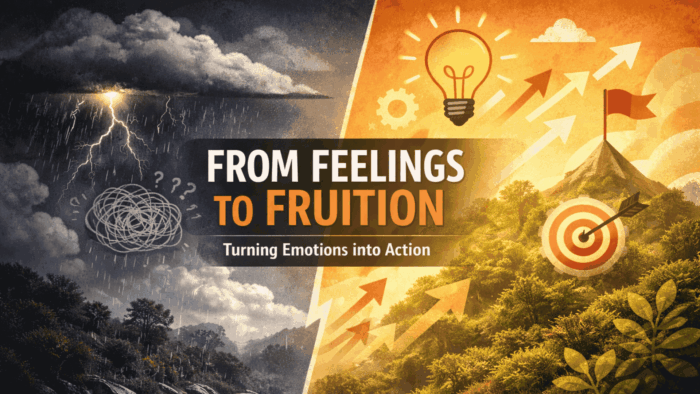 Hyper-realistic split landscape showing emotional overwhelm on the left with storm clouds and rain, and focused clarity on the right with sunlight, upward arrows, and a clear path, representing the transition from feelings to fruition through intentional action.