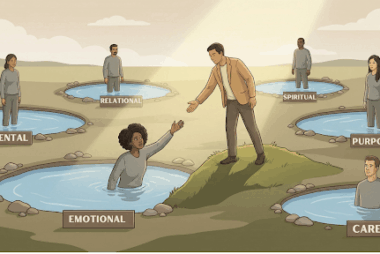 A symbolic illustration for Christian coaches, showing a coach on solid ground discerningly helping one person from an "Emotional" pool of stuckness, while diverse figures stand in other pools labeled "Mental," "Relational," "Spiritual," "Purpose," and "Career."