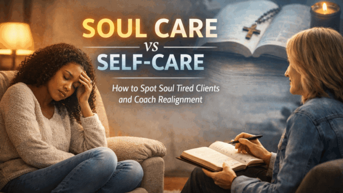 Soul care vs self-care banner showing a Christian coaching session with a tired client, a listening coach, and an open Bible and candle, highlighting coaching realignment for soul tired clients.