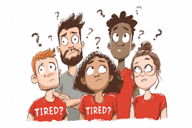 Illustration of diverse people wearing red shirts labeled “Tired?” with confused expressions and question marks above their heads, representing different types of exhaustion in Christian coaching