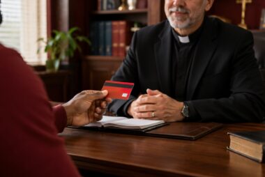A pastor in a clerical collar accepts a credit card from a client across a desk with an open Bible, illustrating the question of charging for Christian coaching.