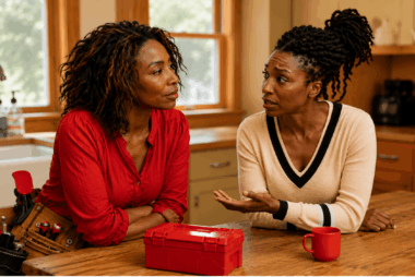 A Christian coach wearing a tool belt listens attentively to a woman at her kitchen table while a red toolbox sits between them, illustrating the challenge of helping others without making their problems your personal responsibility. This image accompanies a HIScoach Training Academy blog about coaching clients who struggle with fixer tendencies and healthy biblical boundaries.